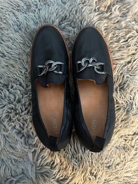 Vionic Black Leather Loafers with Silver Chain Accent